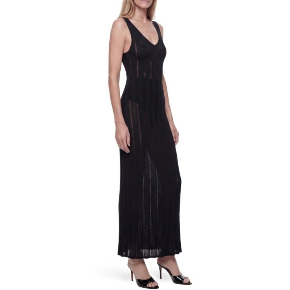 Hunter & Brown Women's Sleeveless V-Neck Openwork Sparkle Maxi Dress in Black XS